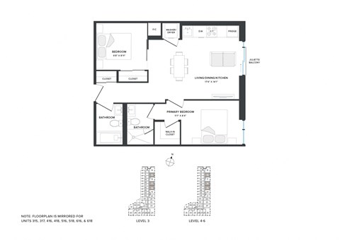 Floor plan for 2 beds, 2 baths, 681 sqft